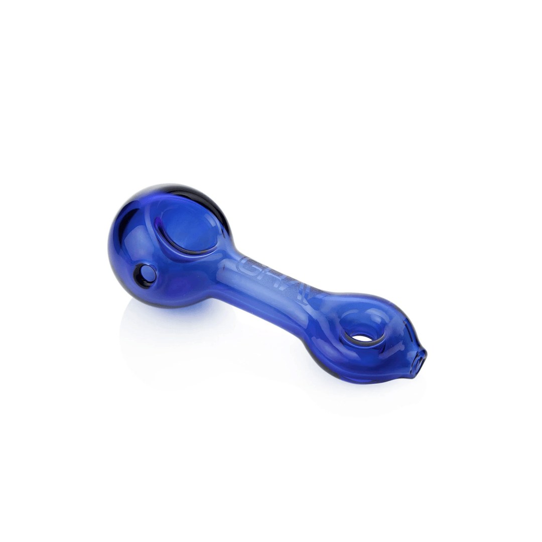GRAV Mini Spoon in blue glass, 3.25" hand pipe with donut mouthpiece and side carb.