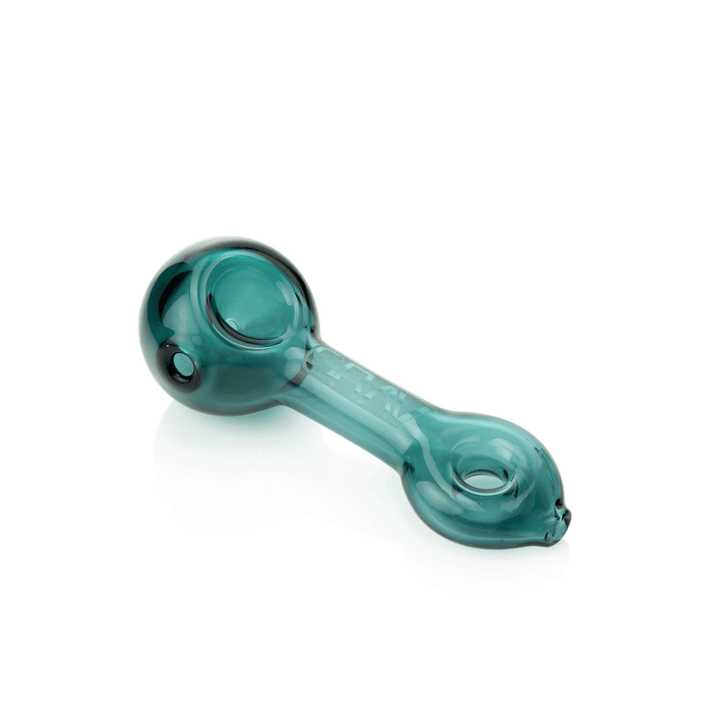 GRAV Mini Spoon in lake green glass, 3.25" borosilicate hand pipe, side view.