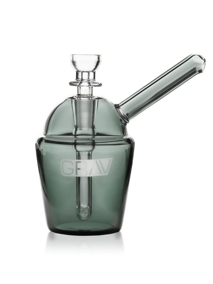 GRAV Slush Cup Pocket Bubbler in Smoke – 4.5 inch smoke-tinted borosilicate mini bubbler with 10mm cup bowl.
