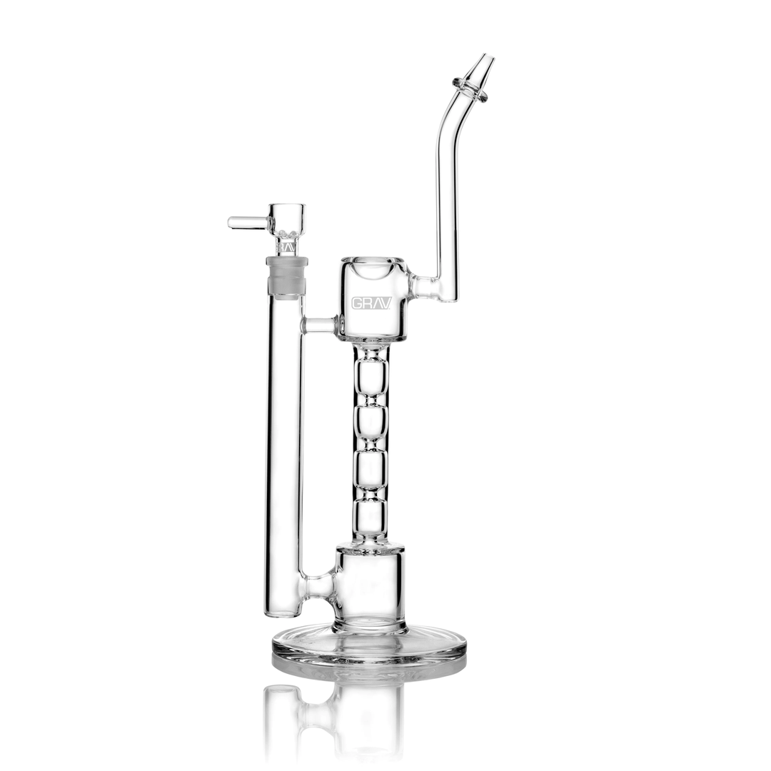 GRAV Upline Water Pipe – 12.5 inch clear borosilicate bong with ladder perc and 14mm Octobowl, front view.