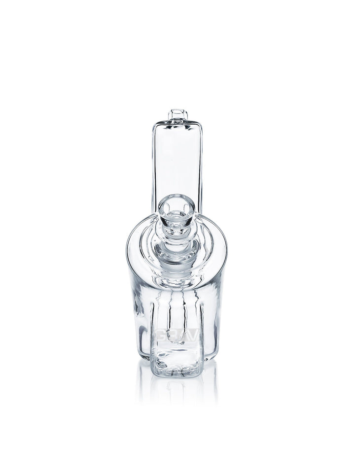 GRAV Wedge Bubbler in clear, front view — restricted mouthpiece and 45° 14mm female joint with the cup bowl seated.