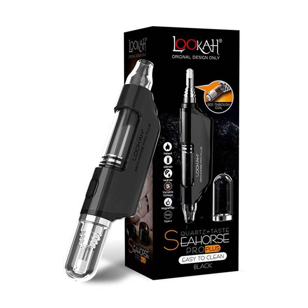 LOOKAH Seahorse Pro Plus Electric Nectar Collector in black with quartz tip, shown with retail packaging. Ideal for wax concentrate vaping.