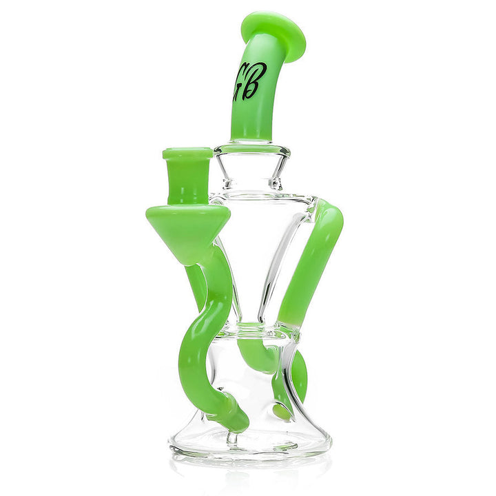 Green Bear Glass Double Uptake Klein — Klein recycler dab rig with dual uptakes, hero shot