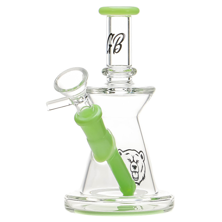 Green Bear Glass Hour Glass Rig — hourglass-shaped dab rig, hero shot
