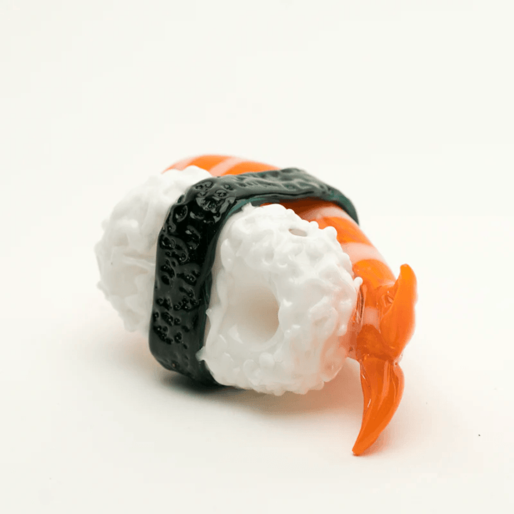Empire Glassworks Shrimp Nigiri Pipe shaped like sushi, made from borosilicate glass with detailed shrimp, rice, and seaweed design. Ideal for collectors.