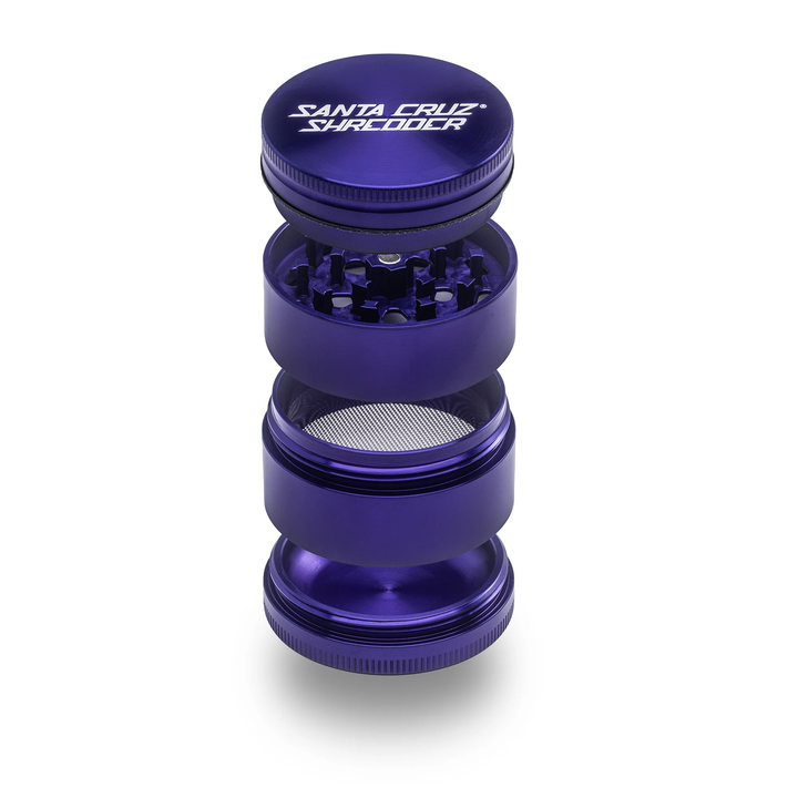 Purple Santa Cruz Shredder 4-Piece Medium Herb Grinder – teeth and screen detail shown.