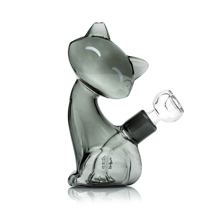 Hemper Alley Cats bong, smoke grey glass cat seated with a clear glass bowl