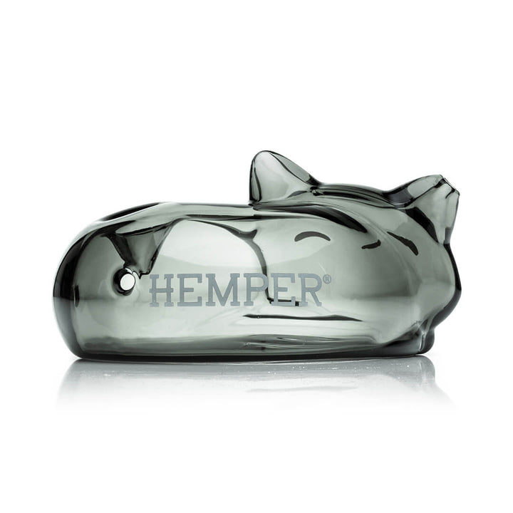 Hemper Alley Cats Hand Pipe – rear view of the smoky gray glass body and flat base.