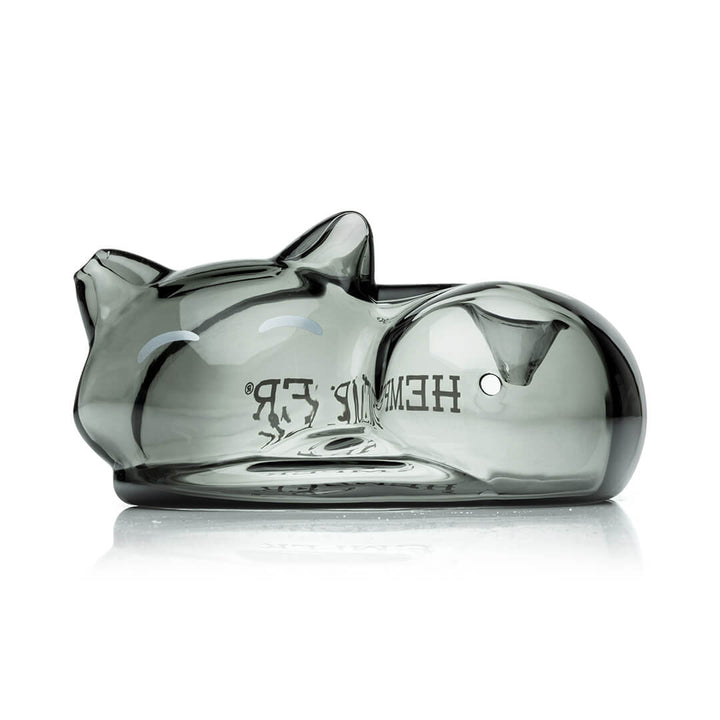 Hemper Alley Cats Hand Pipe – 4.5 inch smoky gray glass curled cat pipe, front view.