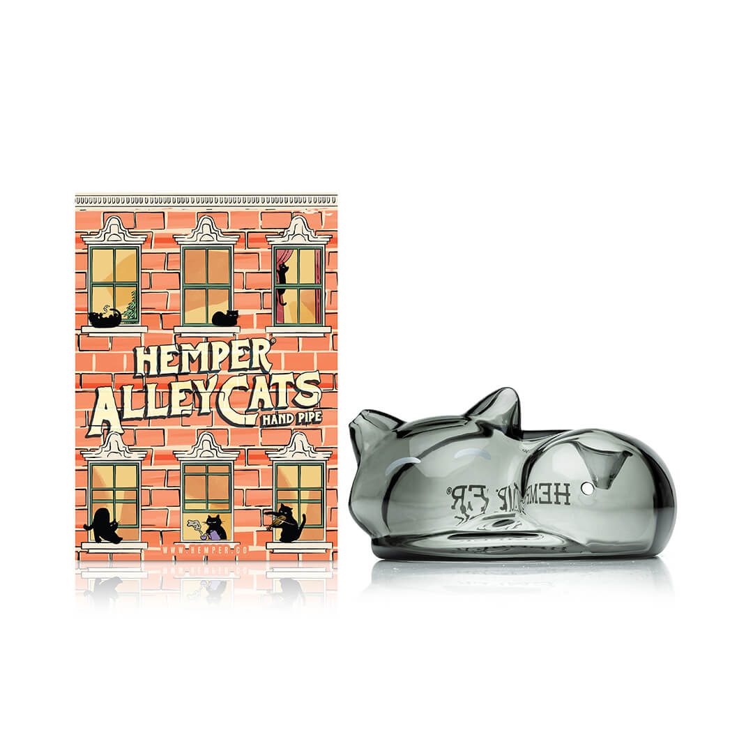 Hemper Alley Cats Hand Pipe shown beside its illustrated Hemper retail packaging.