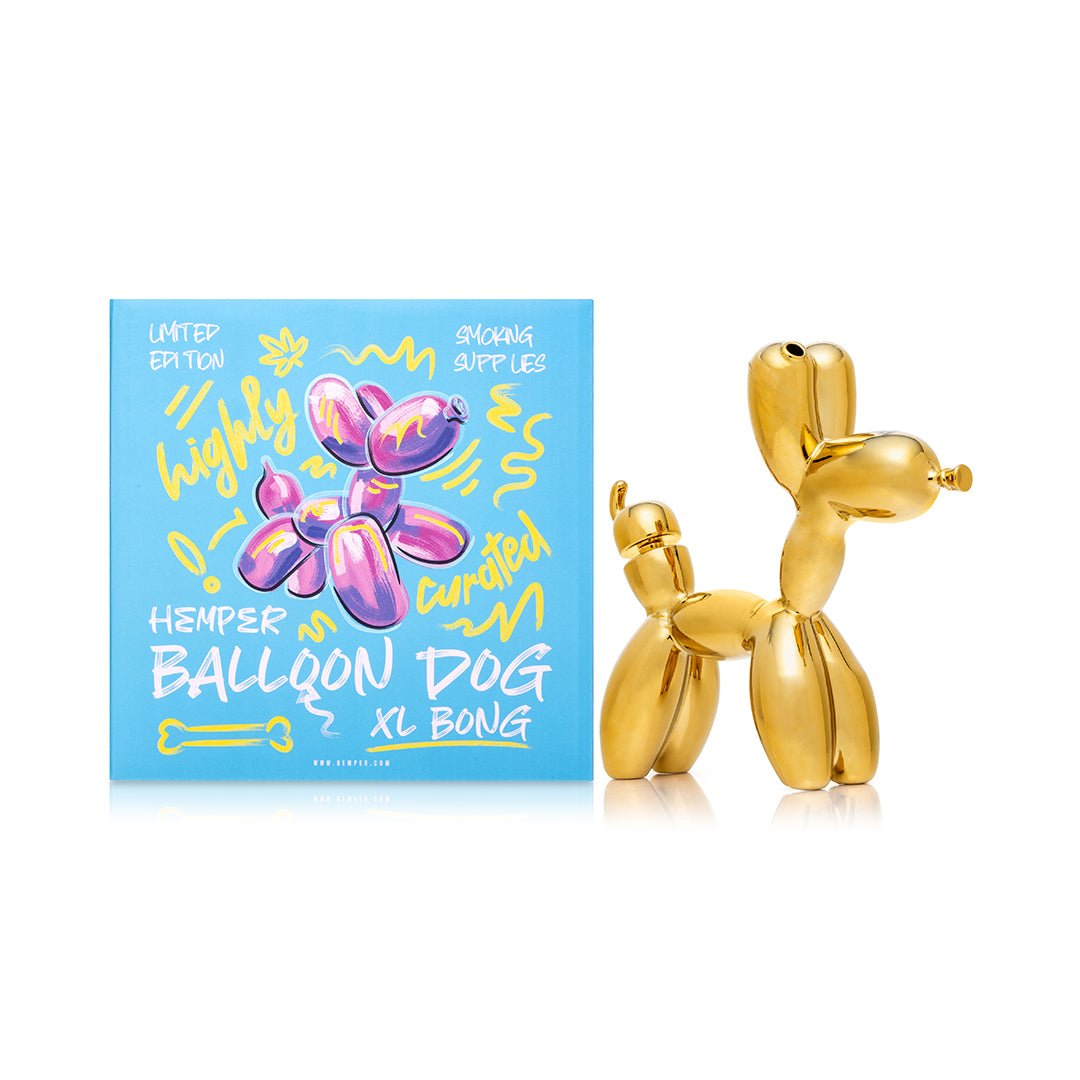 Hemper Balloon Dog XL Bong shown beside its Hemper retail box