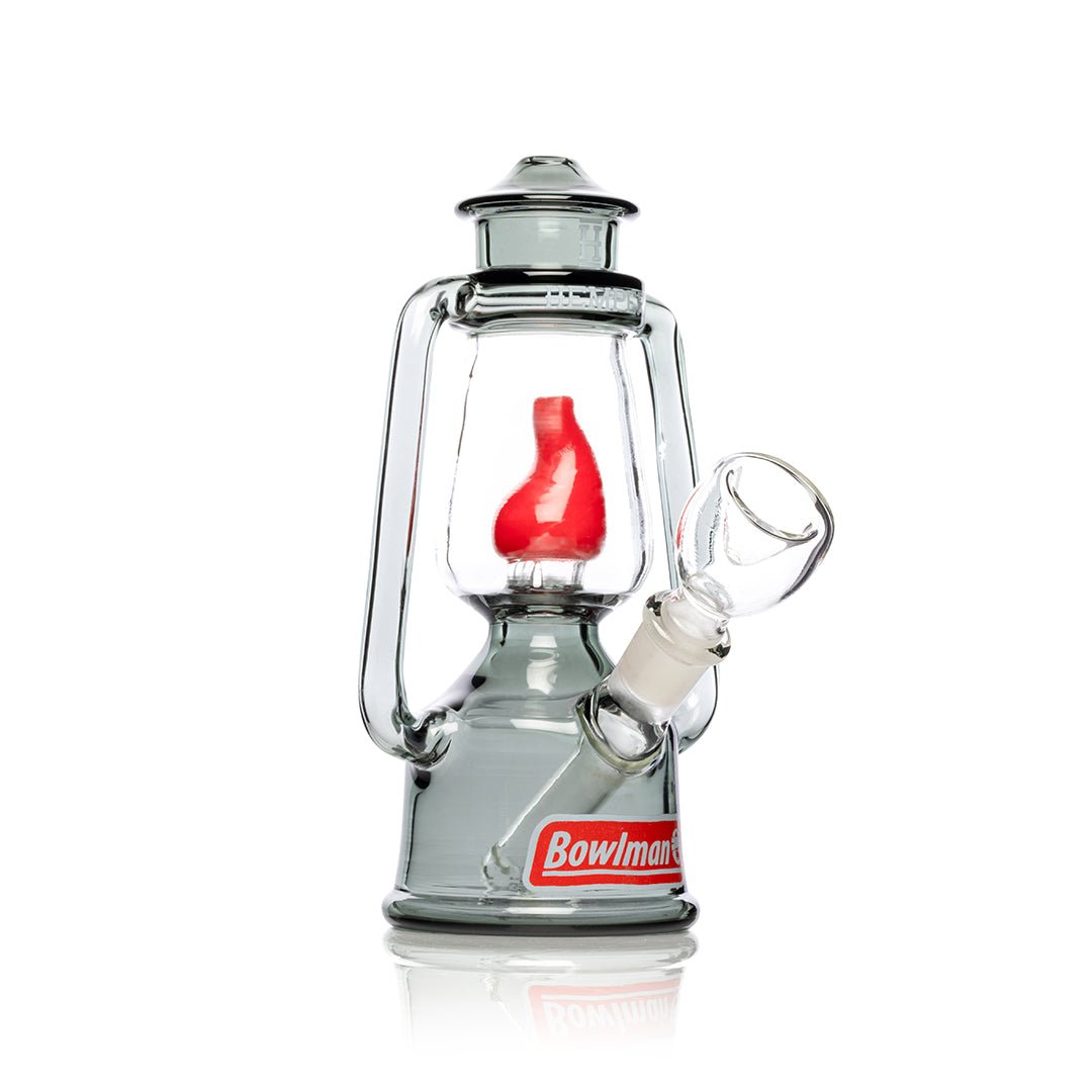 Hemper Bowlman Lantern bong at an angle showing the clear glass bowl