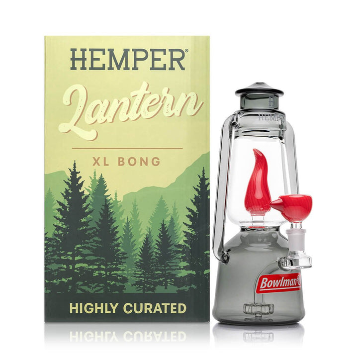 Hemper Bowlman Lantern XL bong beside its Highly Curated retail box