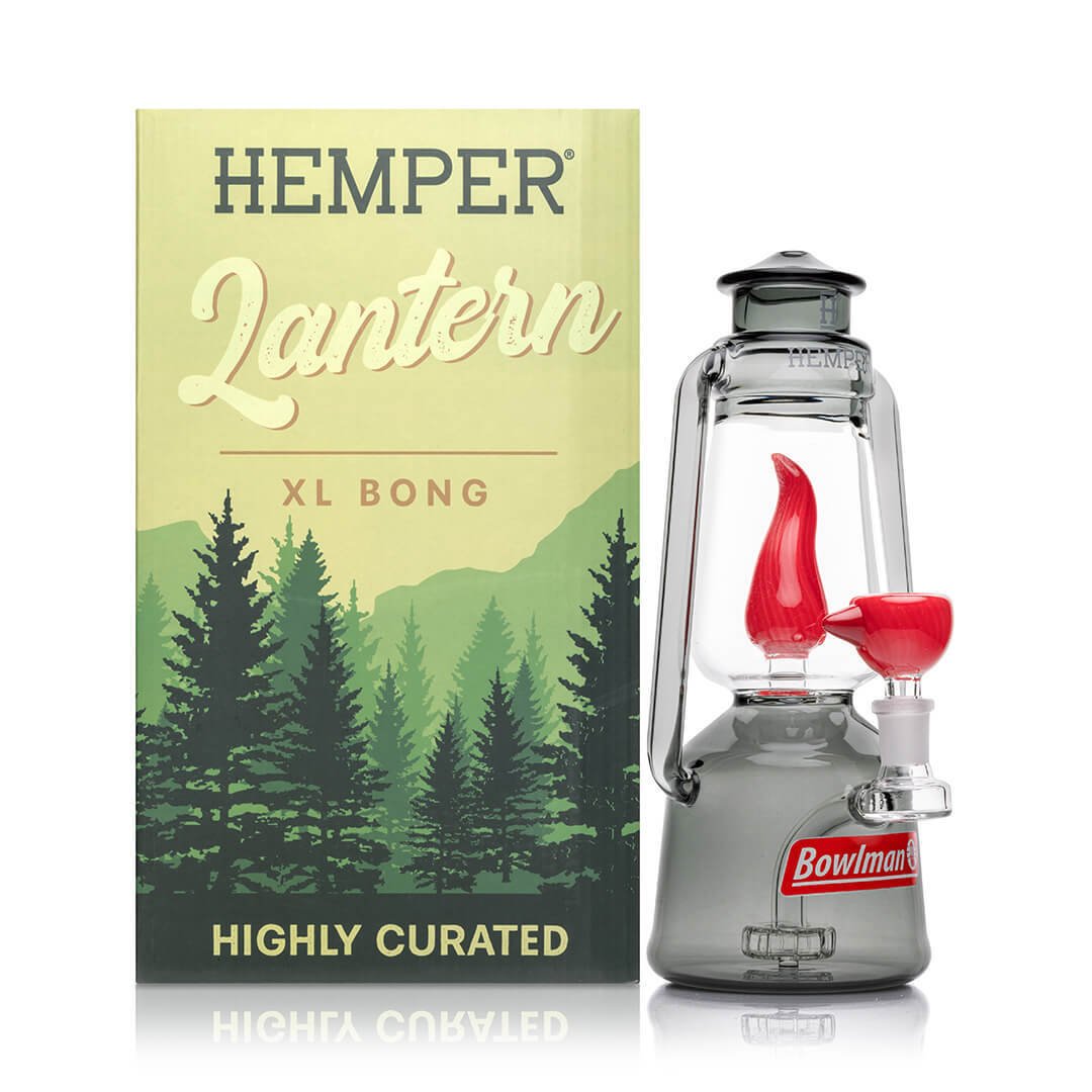 Hemper Bowlman Lantern XL bong beside its Highly Curated retail box