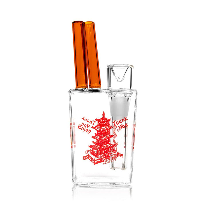Hemper Chinese Takeout bong at an angle showing the internal percolator