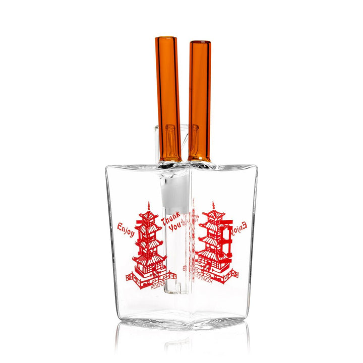 Back of the clear Hemper Chinese Takeout bong showing the Enjoy and Thank You print