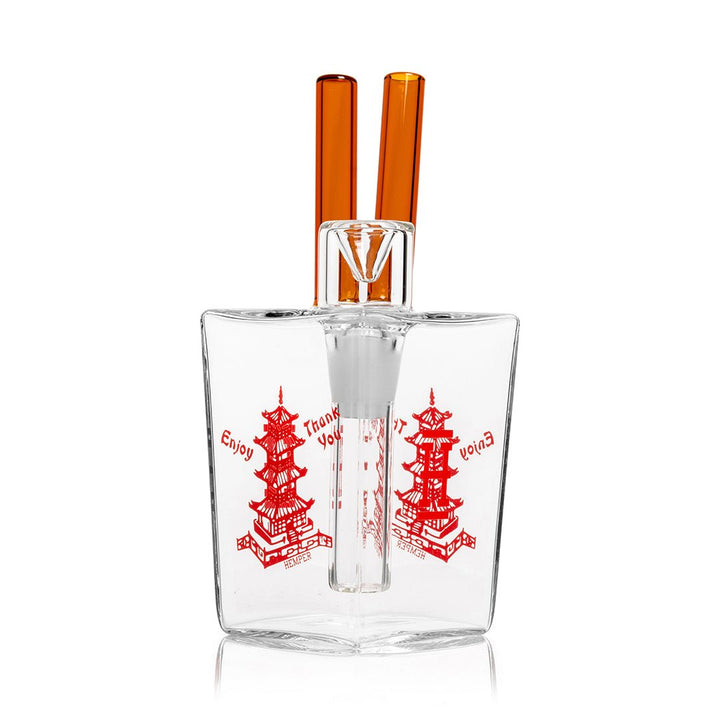 Hemper Chinese Takeout bong in clear glass shaped like a takeout box with amber chopsticks