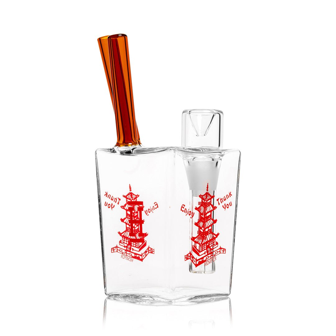 Hemper Chinese Takeout bong from the side with the red pagoda print