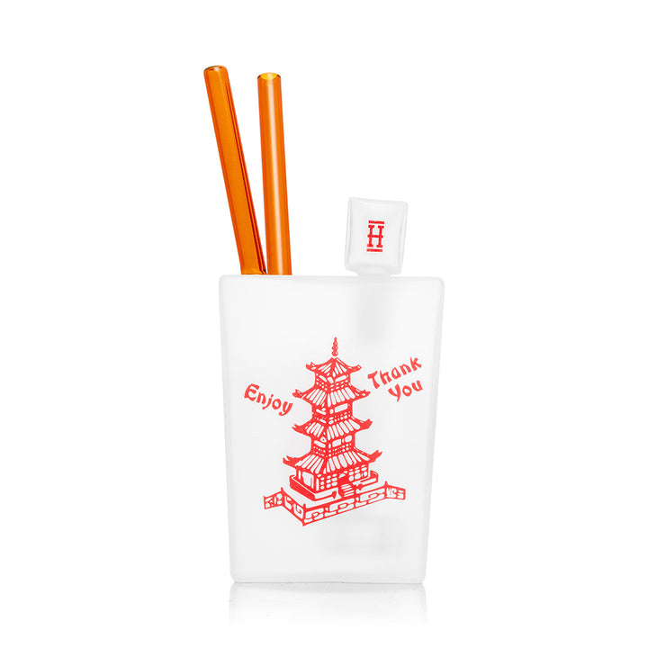 Hemper Chinese Takeout XL bong at an angle with the amber chopstick mouthpieces