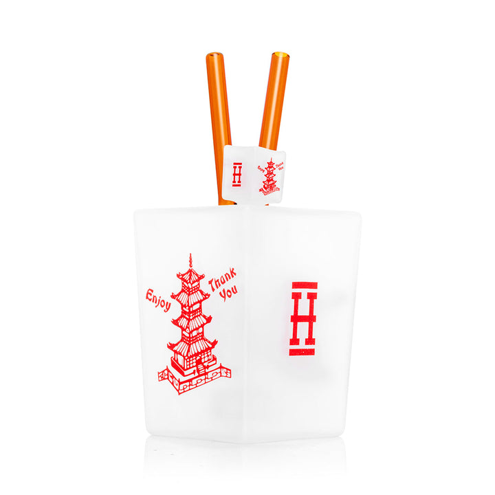 Hemper Chinese Takeout XL bong in frosted white glass with red pagoda print