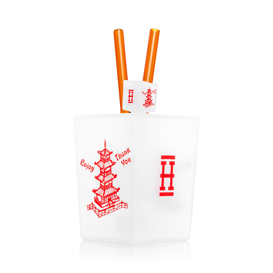 Hemper Chinese Takeout XL bong in frosted white glass with red pagoda print