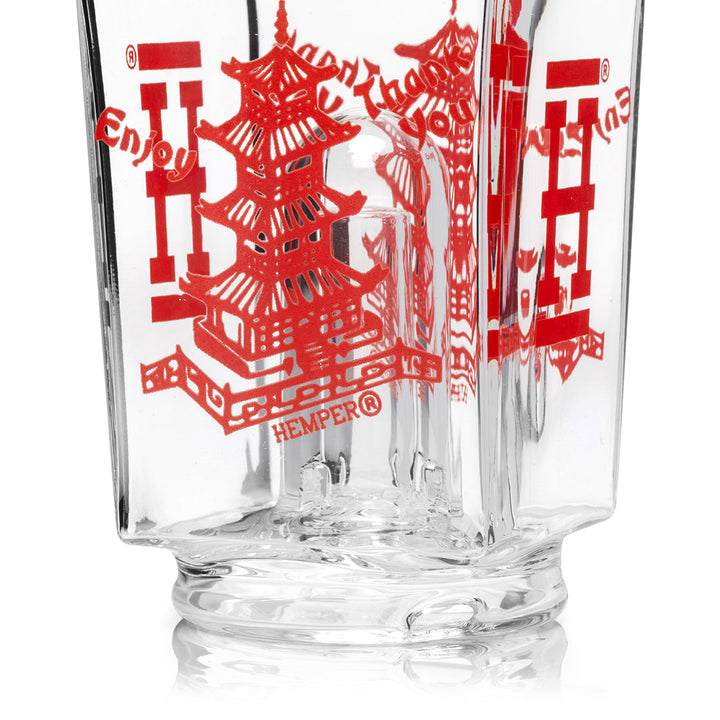Close detail of the red pagoda print on the Hemper Chinese Takeout Peak Top