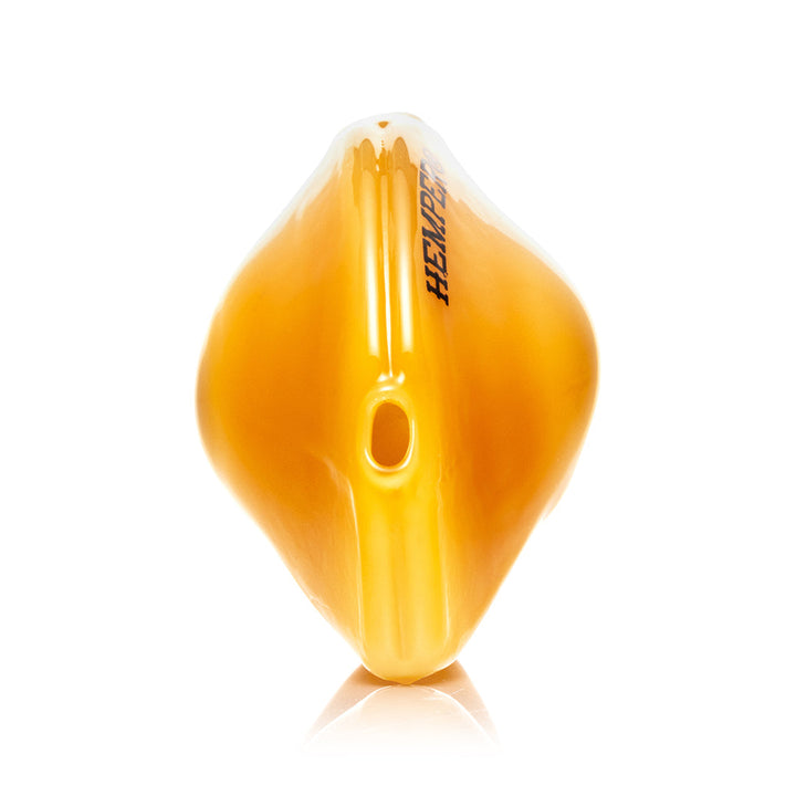 Hemper Fortune Cookie Hand Pipe, side view showing the mouthpiece end.