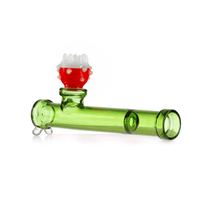 Hemper Gaming Flower Piranha Hand Pipe – angled view showing the open mouthpiece end of the glass tube.