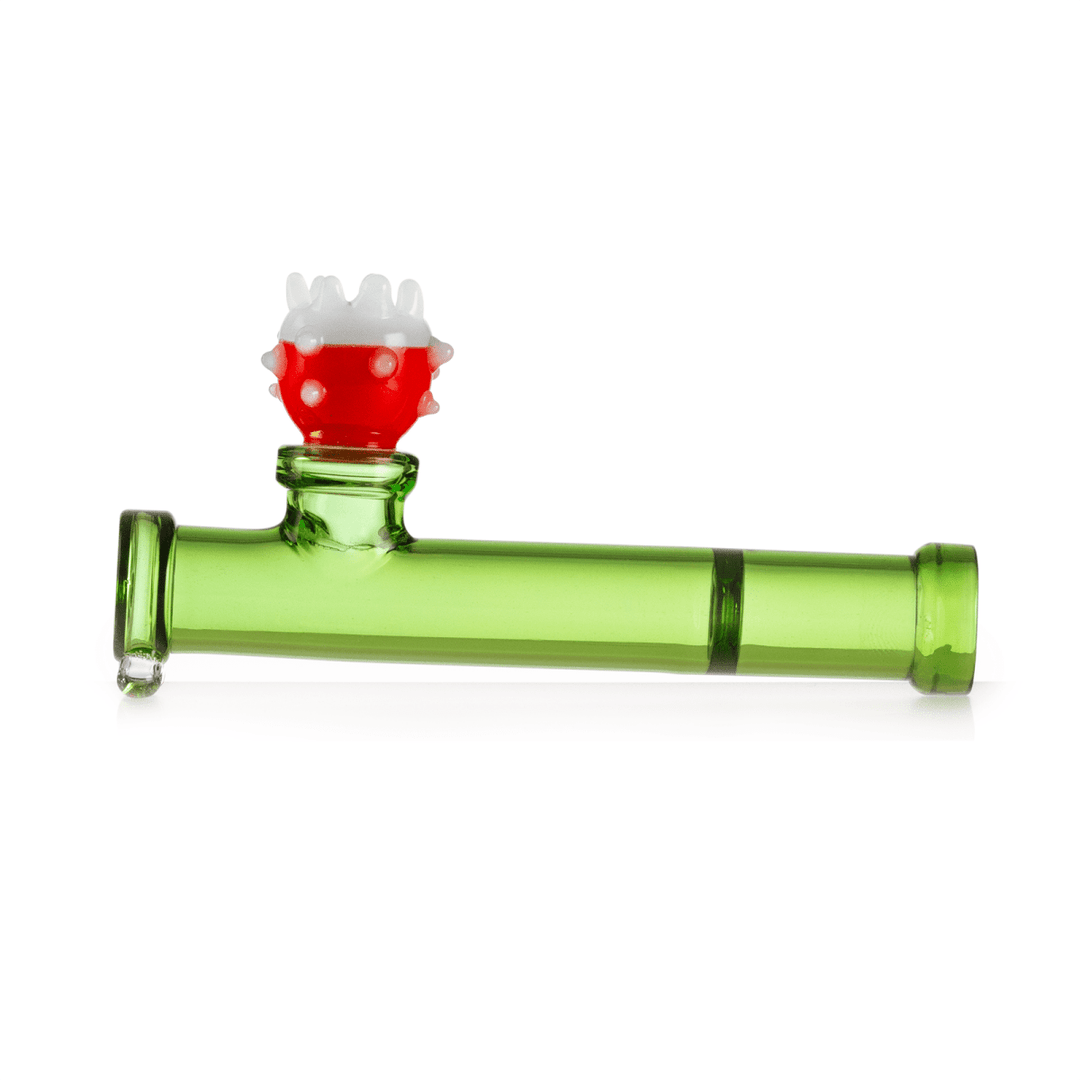 Hemper Gaming Flower Piranha Hand Pipe – 5 inch green glass tube with red toothed plant bowl, side view.