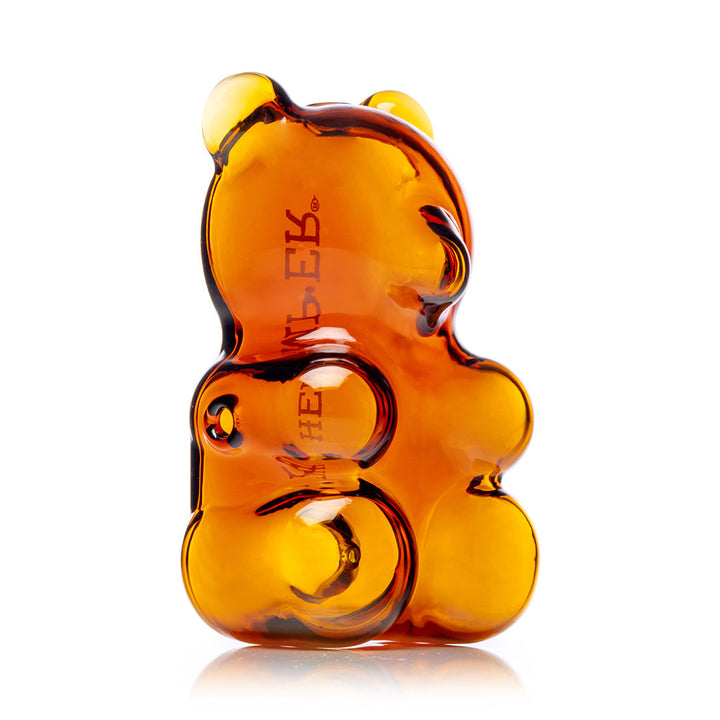 Hemper Gummy Bear Hand Pipe – front view angled to the right, amber glass body.