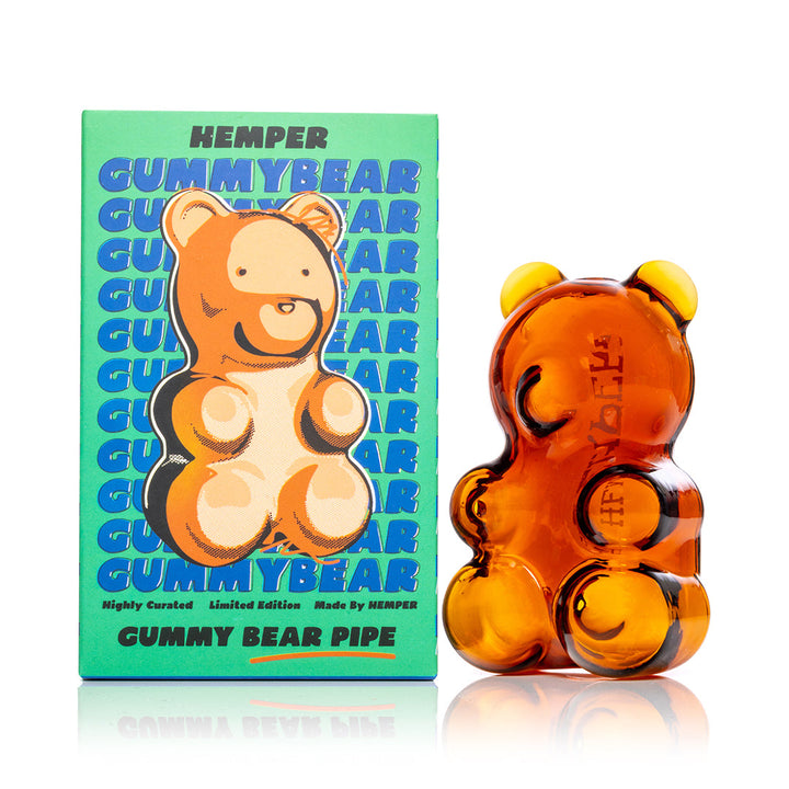 Hemper Gummy Bear Hand Pipe shown beside its Hemper retail packaging.