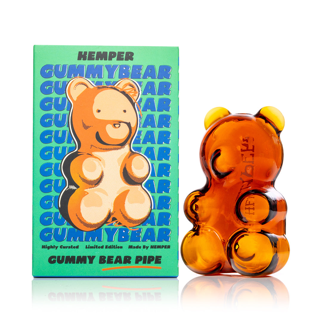 Hemper Gummy Bear Hand Pipe shown beside its Hemper retail packaging.