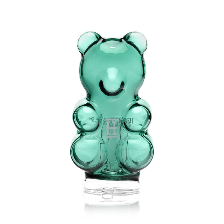 Hemper Gummy Bear Peak Top standing upright, front view, showing the sculpted borosilicate gummy bear form of the 5.4-inch Puffco Peak glass attachment