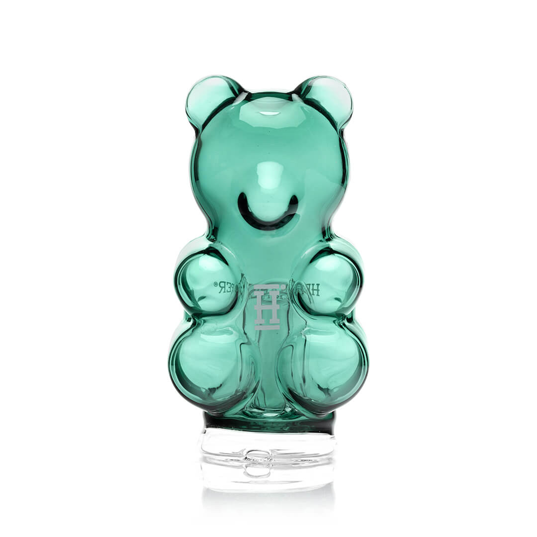 Hemper Gummy Bear Peak Top standing upright, front view, showing the sculpted borosilicate gummy bear form of the 5.4-inch Puffco Peak glass attachment
