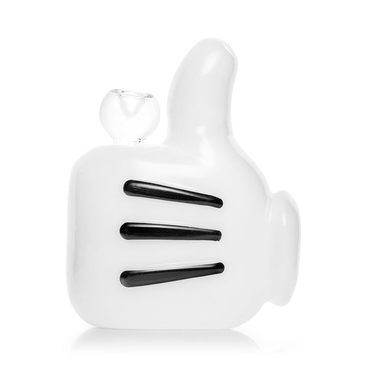 Hemper High Jinx Cartoon bong, white glass cartoon glove giving a thumbs up