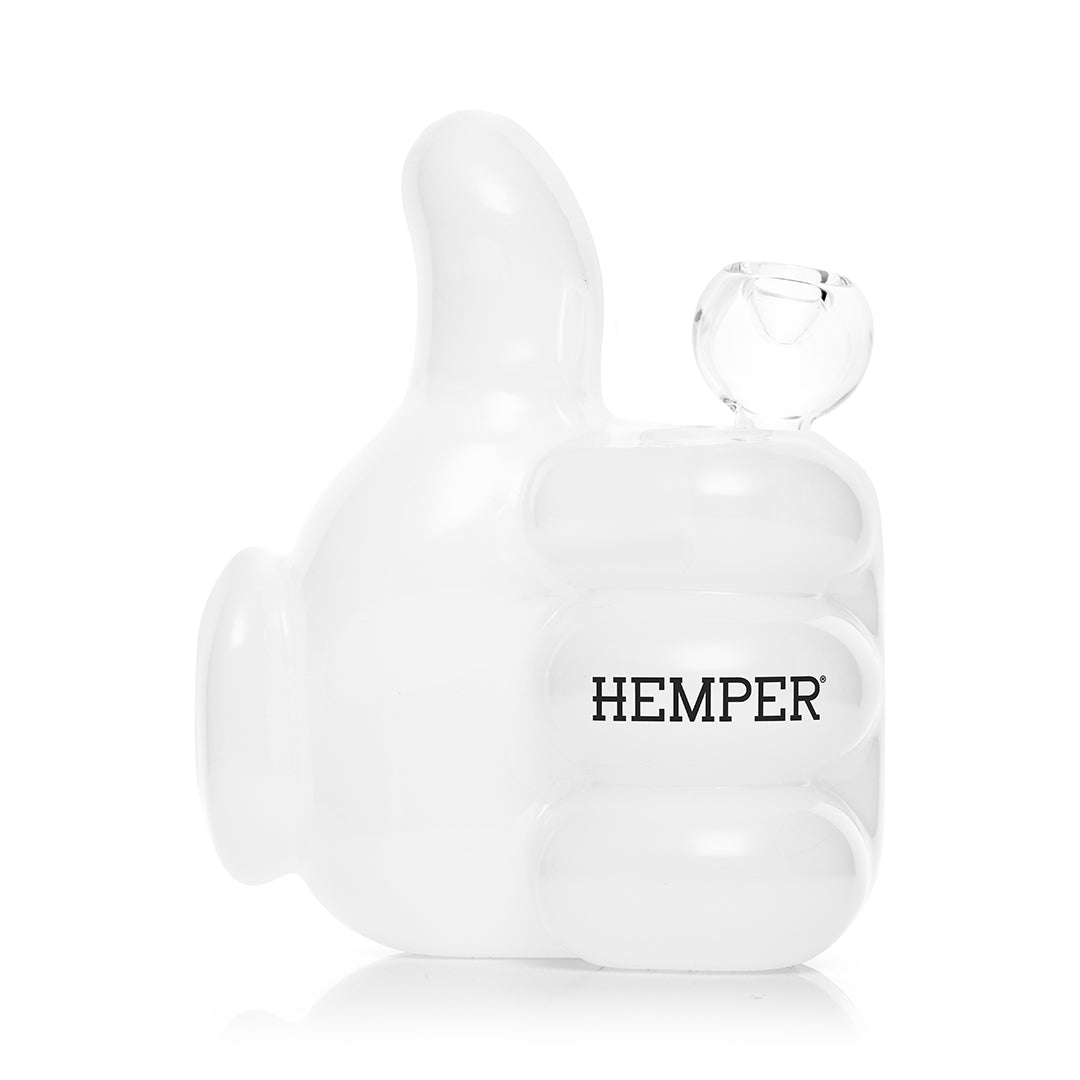 Side of the Hemper High Jinx Cartoon bong with the Hemper wordmark on the palm
