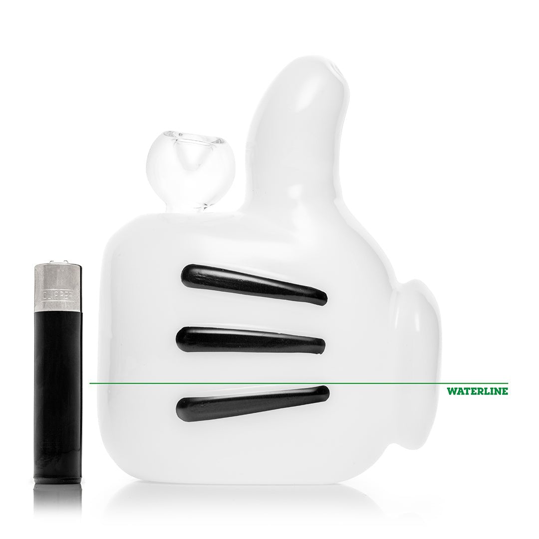 Hemper High Jinx Cartoon bong with the recommended waterline marked, shown with a lighter