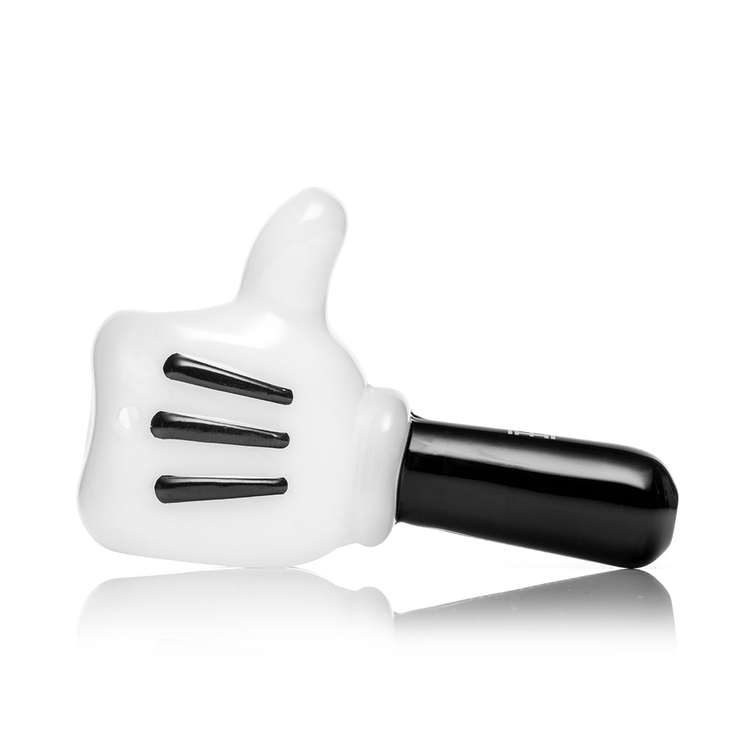 Hemper High Jinx Cartoon hand pipe, white glass cartoon glove giving a thumbs up with a black mouthpiece