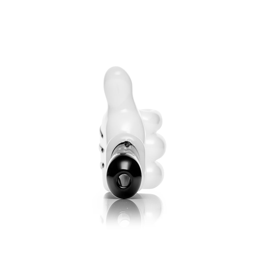 Hemper High Jinx Cartoon hand pipe stood upright, black glass mouthpiece in view