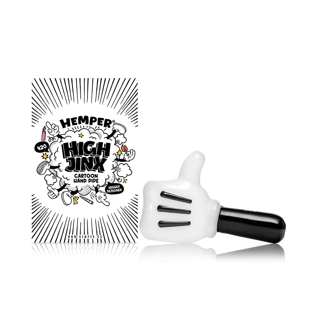 Hemper High Jinx Cartoon hand pipe beside its printed retail packaging