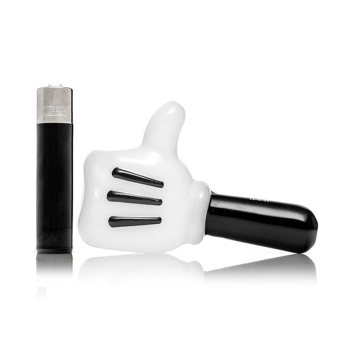 Hemper High Jinx Cartoon hand pipe shown next to a lighter for size comparison