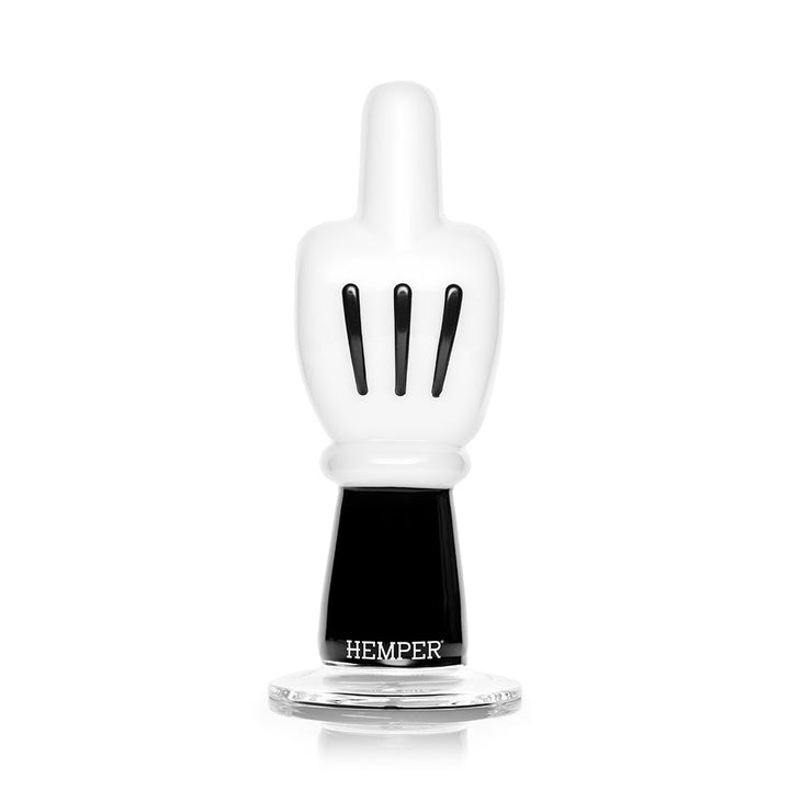 Hemper High Jinx Cartoon XL bong, white glass hand with raised middle finger on a black base