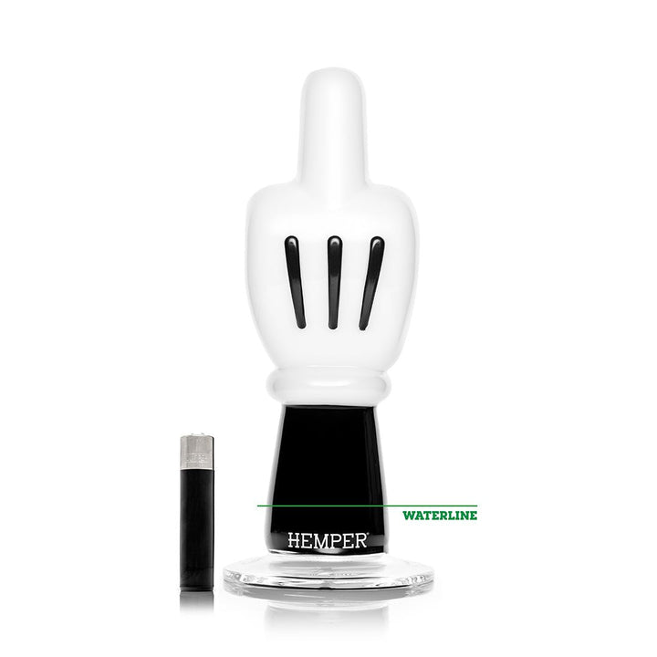 Hemper High Jinx Cartoon XL bong with the recommended waterline marked, shown with a lighter