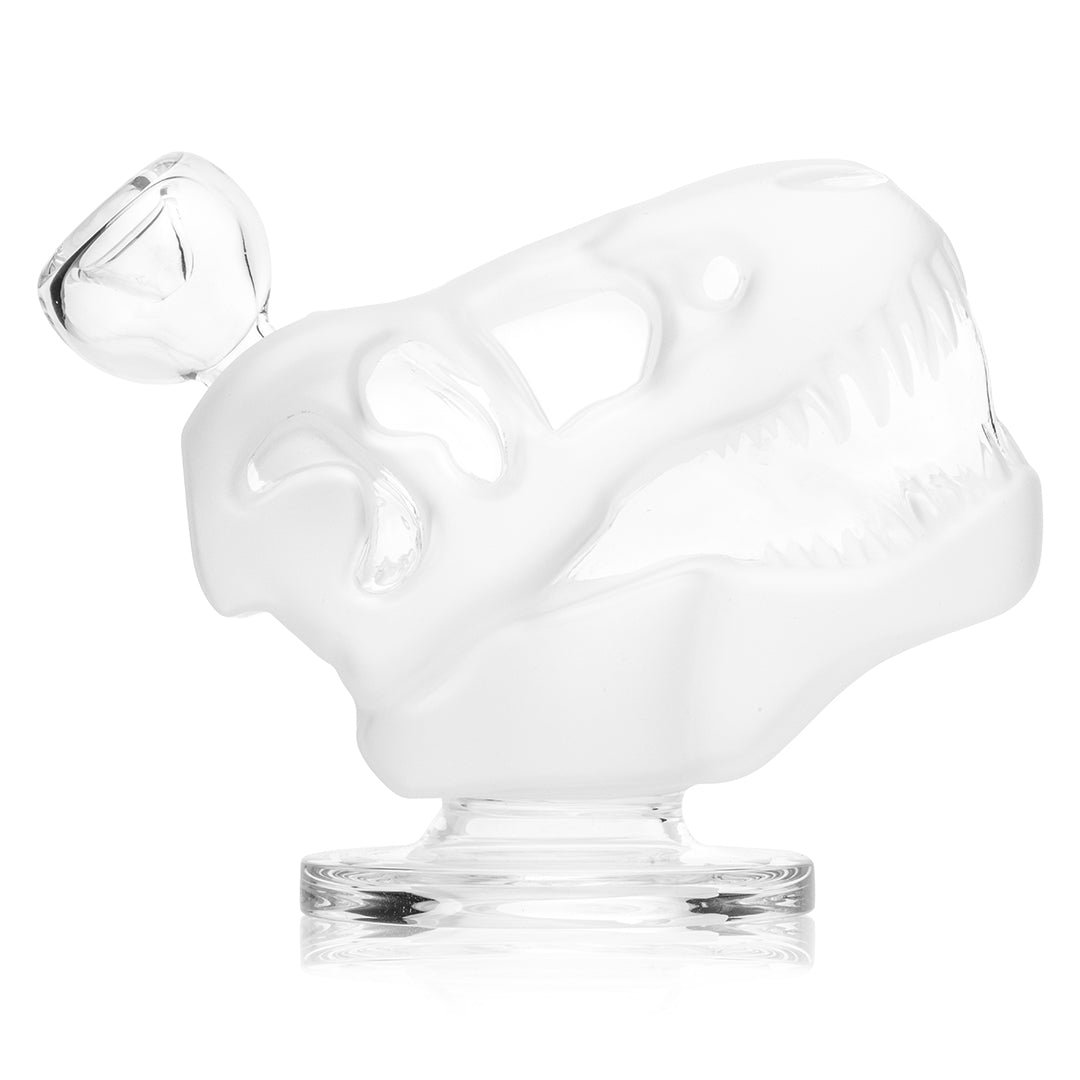 Hemper Jurassic Spark Dinosaur Skull bong, frosted glass dinosaur skull on a clear base