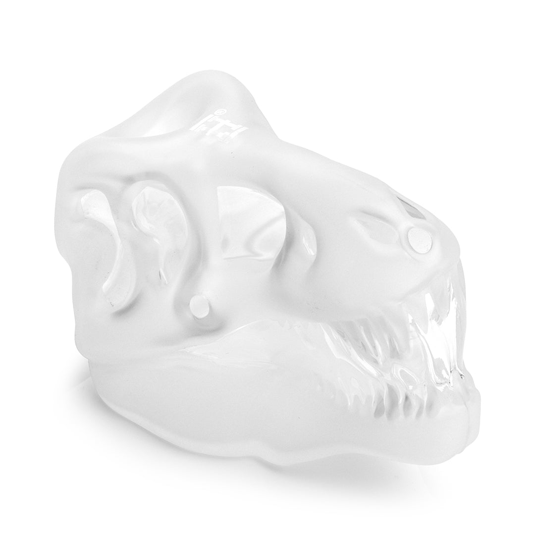 Hemper Jurassic Spark Skull hand pipe at a raised angle showing the eye socket detail