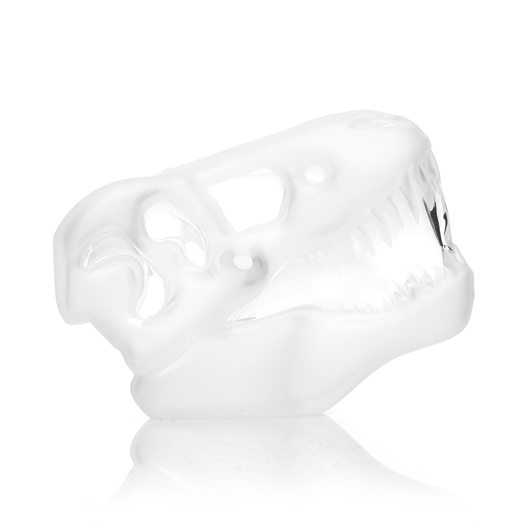 Hemper Jurassic Spark Skull hand pipe, frosted clear glass dinosaur skull in profile