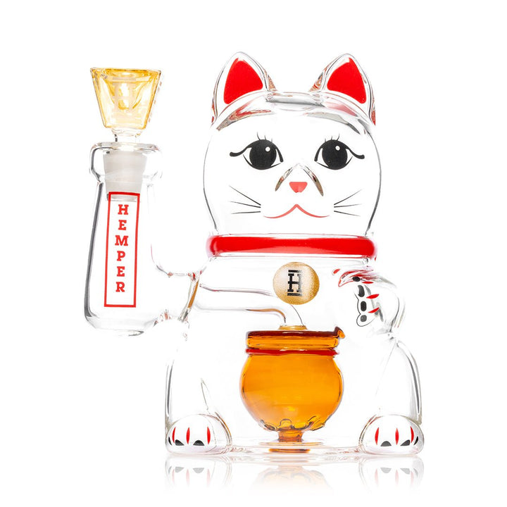 Hemper Lucky Cat XL bong, clear glass maneki neko with a red collar and amber money pot