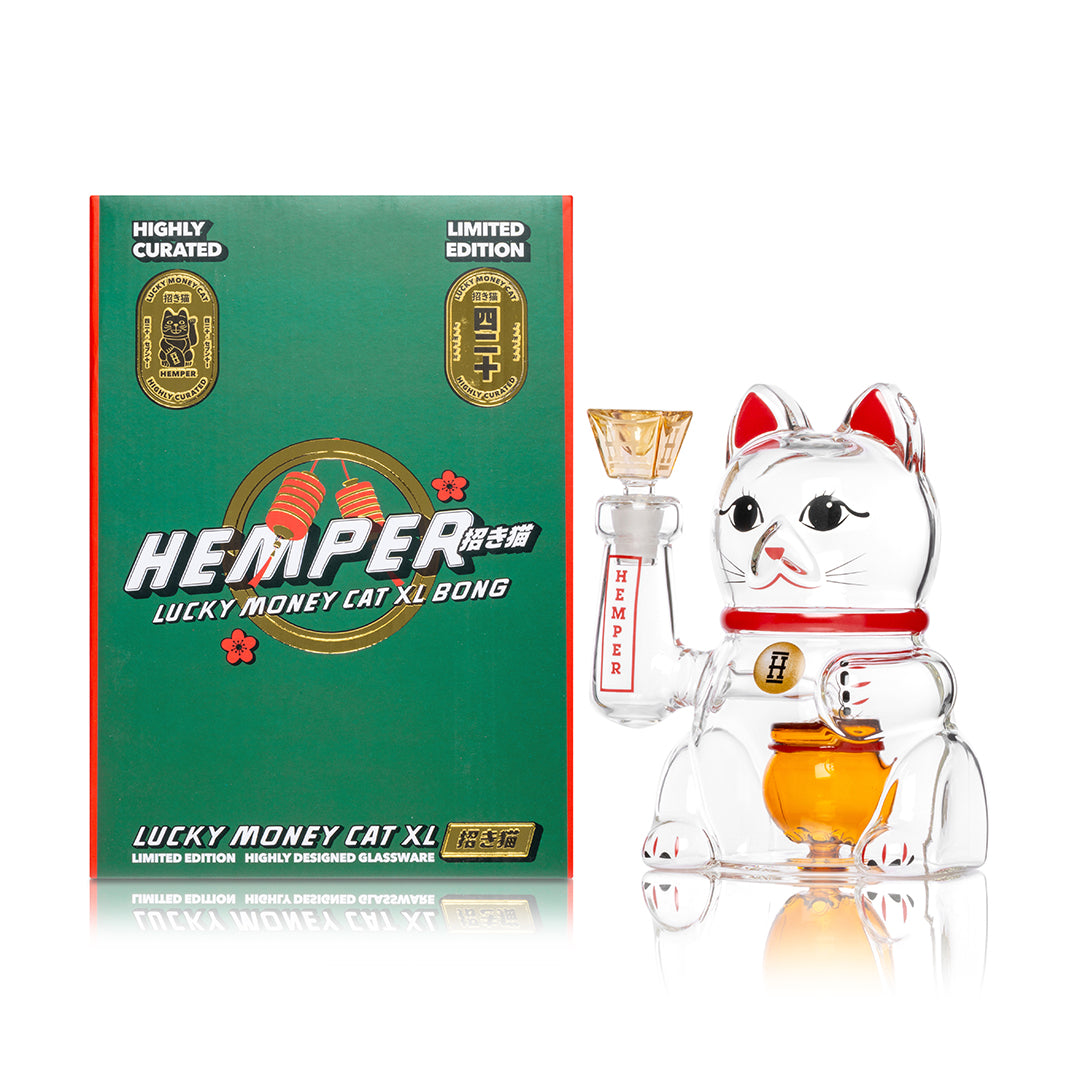 Hemper Lucky Cat XL bong beside its Lucky Money Cat XL retail box