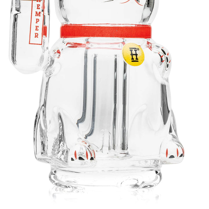 Close detail of the red collar and Hemper badge on the Lucky Money Cat Peak Top