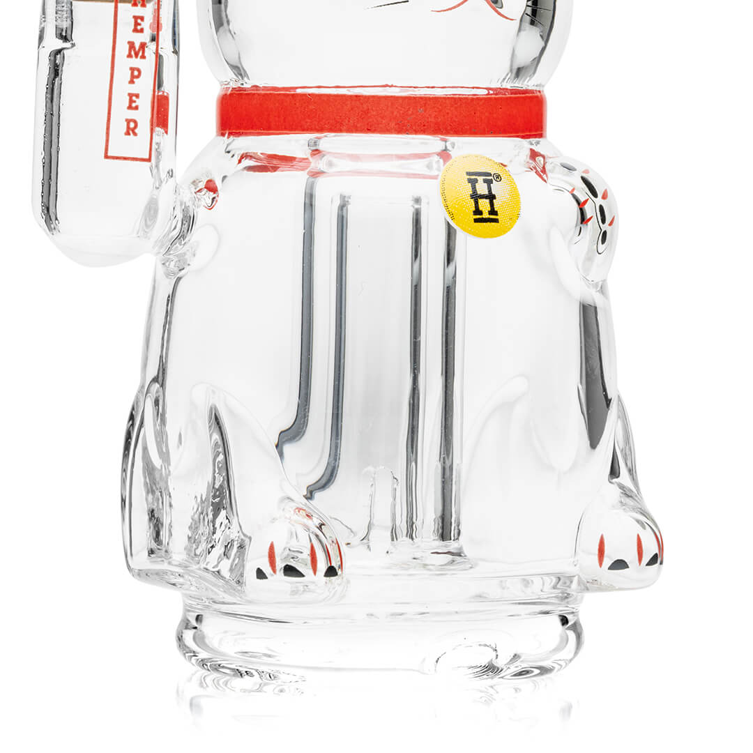 Close detail of the red collar and Hemper badge on the Lucky Money Cat Peak Top